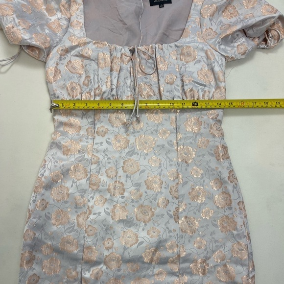 Majorelle Baby Blue Puff Sleeve Mini Dress with Peach Floral Print. Size Small - Picture 3 of 10